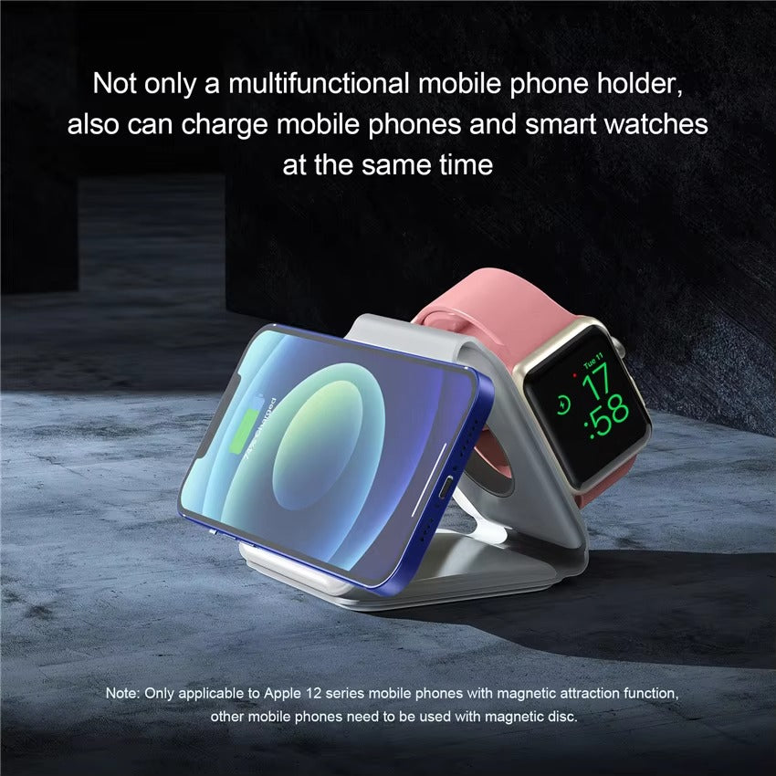 Premium 3 in 1 Magnetic Wireless Charger Pad – Portable Fast Charging Dock for iPhone, Apple Watch, AirPods with Foldable Stand, Type-C, 15W Output