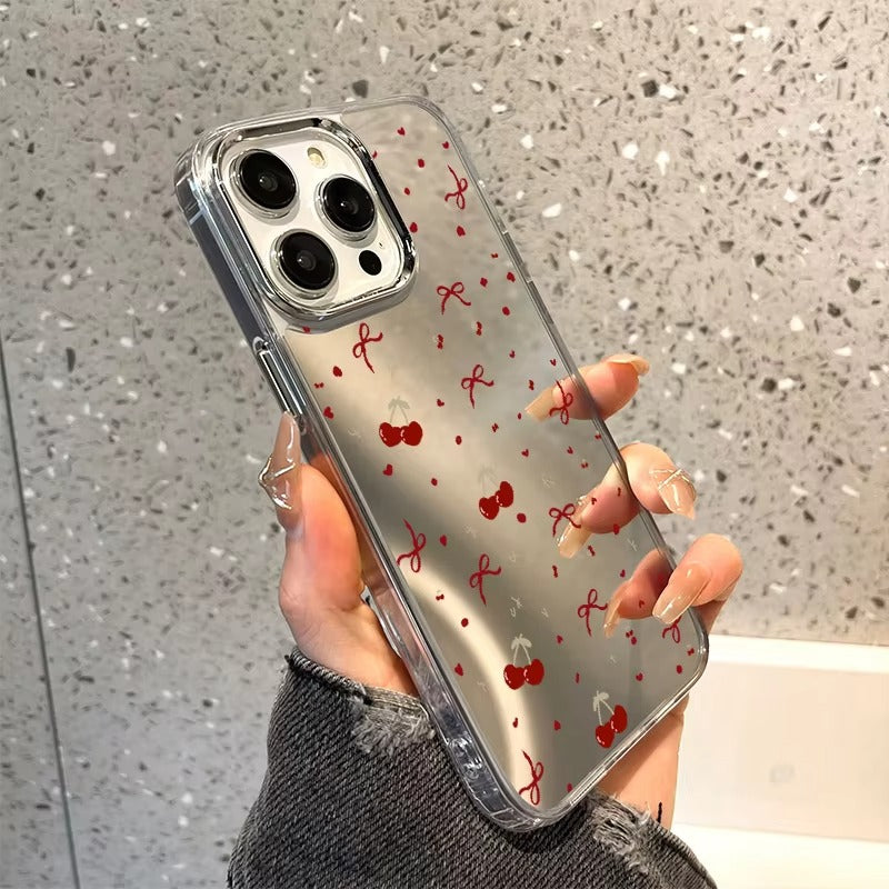 Luxury Apple iPhone Case, MagSafe Compatible, Camera Lens and Screen Protection, Ultra Thin, Shockproof, Magnetic, Full All Around Protection, Cherry Bow Mirror Cover