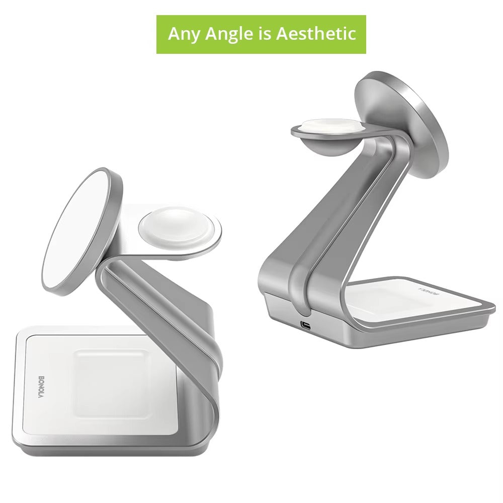 Premium 3 in 1 Magnetic Wireless Charging Stand – 15W Fast Charger Dock with Aluminum Alloy Metal Design for iPhone, Apple Watch and AirPods