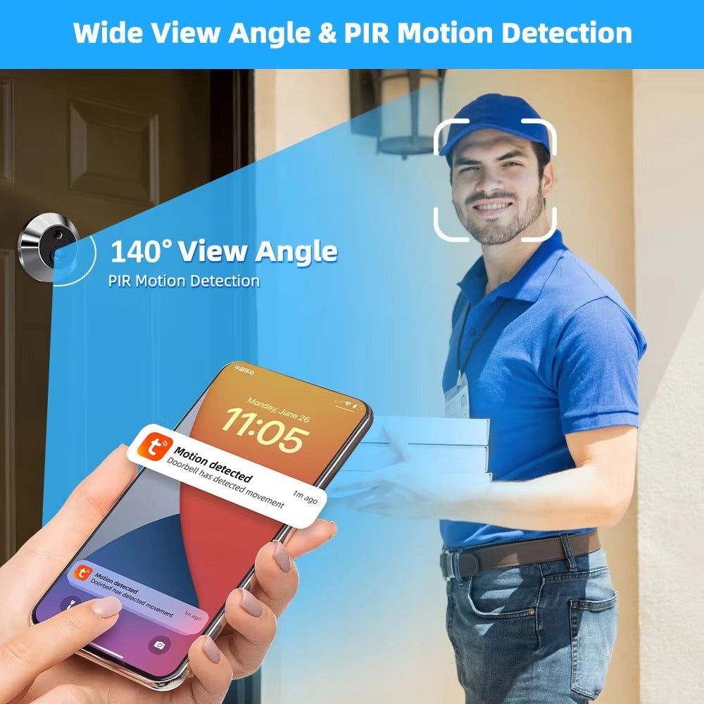 High Quality Smart Door Viewer for iPhone, 3MP WiFi Peephole Camera, Battery-Powered PIR Motion Sensor with 140° Wide Angle