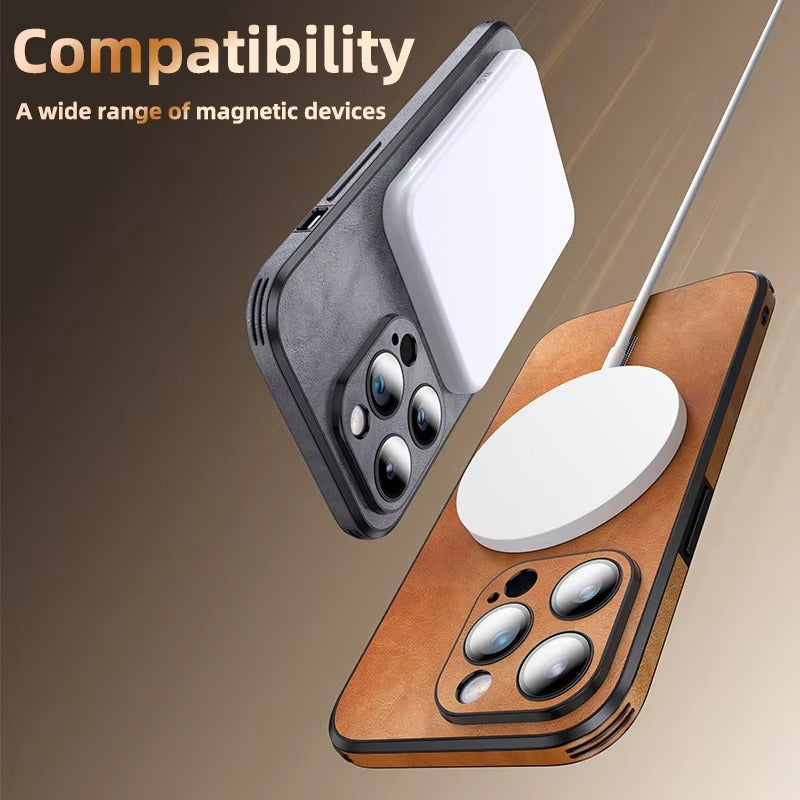 Premium MagSafe Leather iPhone Case with Magnetic Shockproof Design, Glass Lens Protector, Full Body Drop Defense,