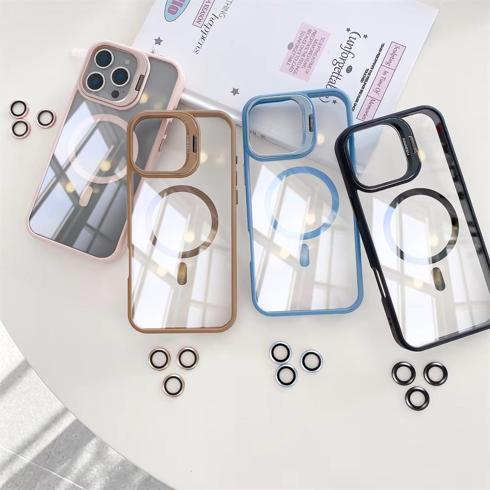 Premium Apple iPhone Case MagSafe Compatible, Camera Lens & Screen Protection, Cover with Transparent Stand & Lens Film