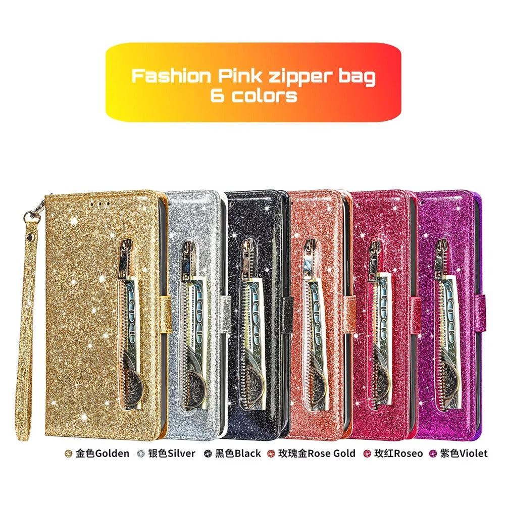 Luxury Apple iPhone Case, MagSafe Compatible, Camera Lens and Screen Protection, Ultra Thin, Shockproof, Magnetic, Full All Around Protection, Glitter Zipper Wallet Cover