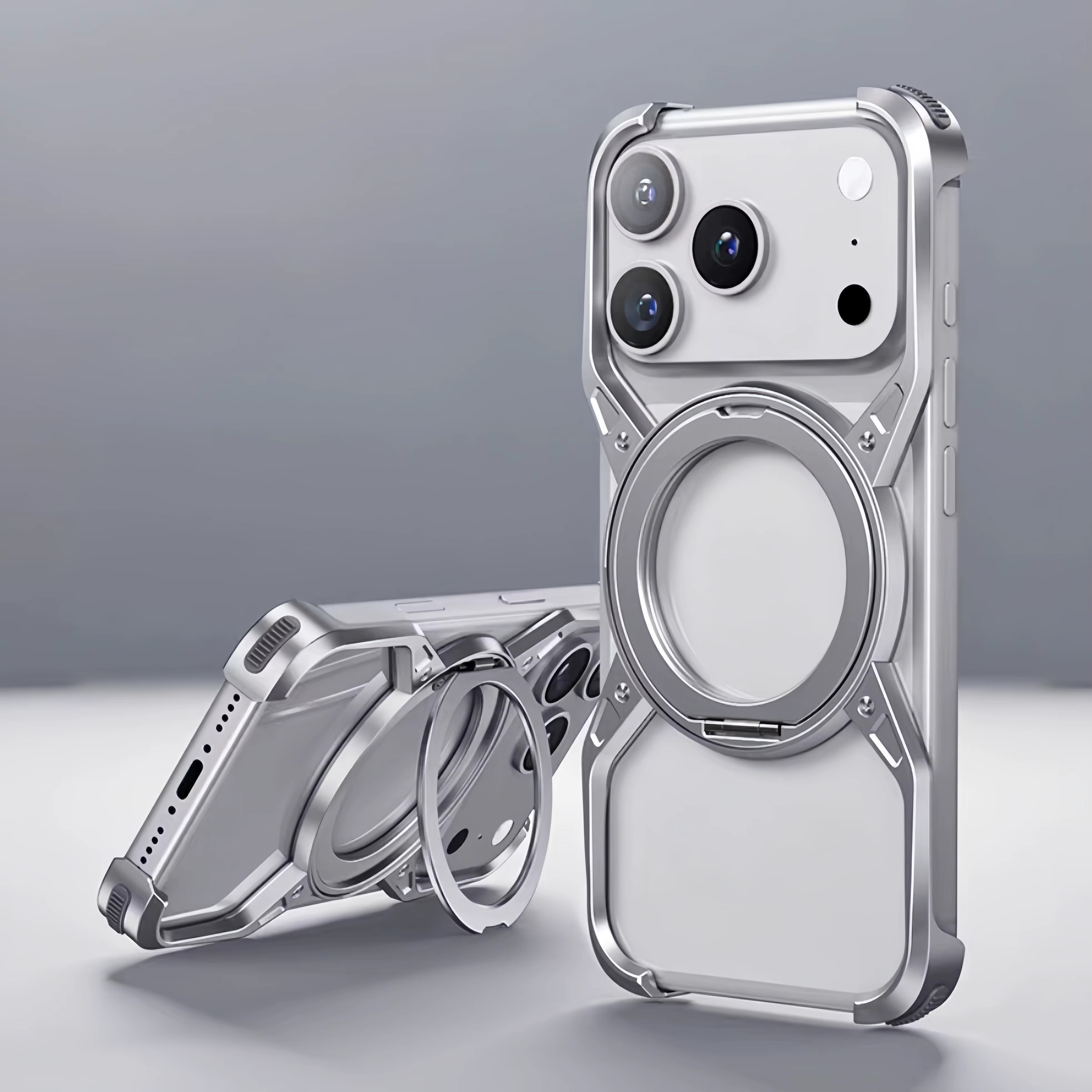 Premium Aluminum Alloy Bumper iPhone Case – MagSafe Compatible Magnetic Cover with 360° Rotating Ring Stand, Shockproof Frame and Camera Protection