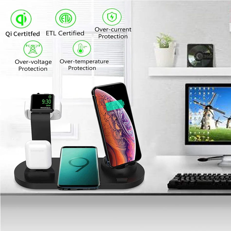 Premium 7-in-1 Wireless Charging Station for Apple iPhone, iOS & Android – Fast 30W Qi Charger Dock with USB-C, AirPods & Apple Watch Support, Multiple Device Charging, Overcharge Protection, Smart Charging Indicator