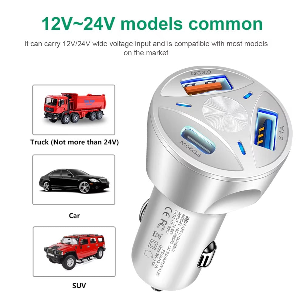 High Speed 55W USB Car Charger Adapter – 4-Port PD & QC3.0 Fast Charging Cigarette Lighter Plug with LED Display, Smart Protection for Phones & Tablets