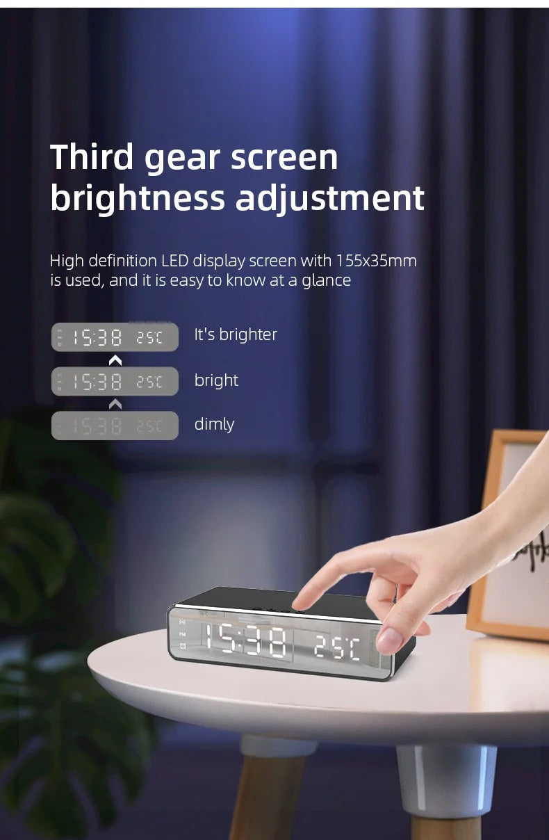 Luxury Wireless Charging Alarm Clock – LED Digital Thermometer Dock Station with Fast 5W Charger for Phones, Smartwatches, and Earbuds