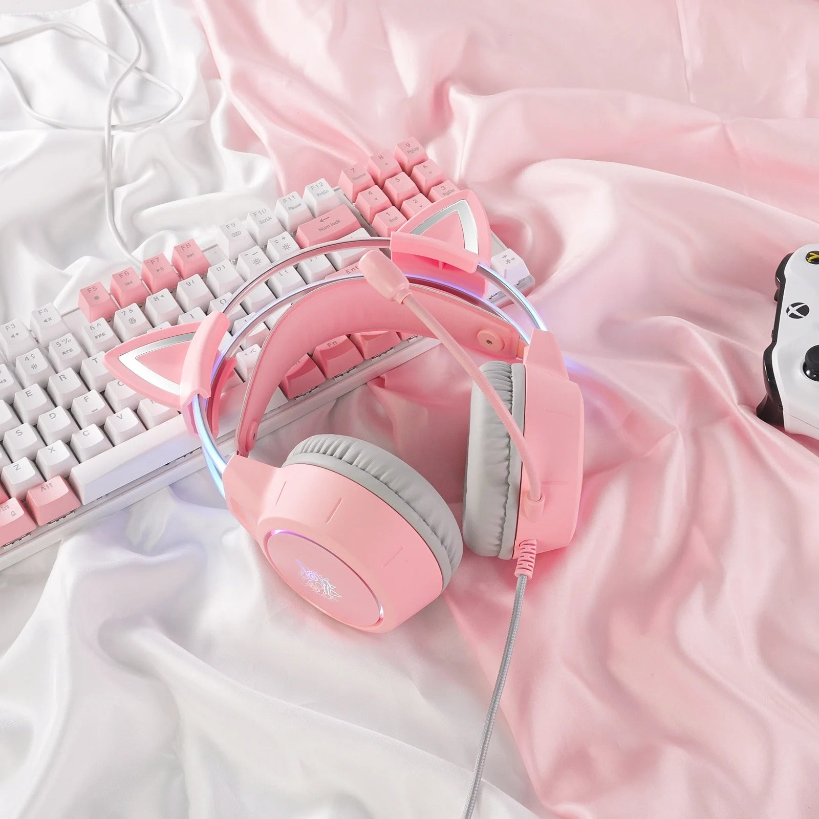 Premium Cat Ear Gaming Headset for iPhone & Mac – Wired Over-Ear Headphones with RGB Lights, Noise Streaming & Online Play