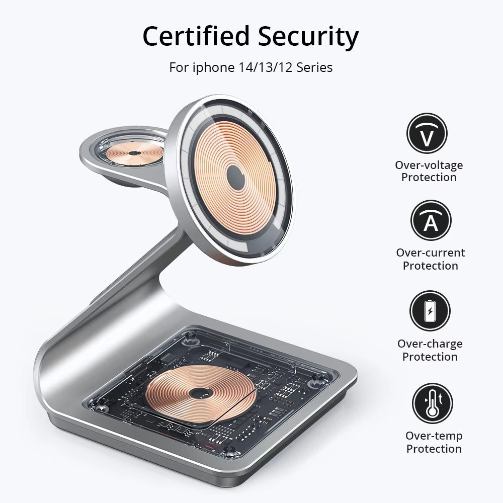 Premium 3 in 1 Magnetic Wireless Charging Stand – 15W Fast Charger Dock with Aluminum Alloy Metal Design for iPhone, Apple Watch and AirPods