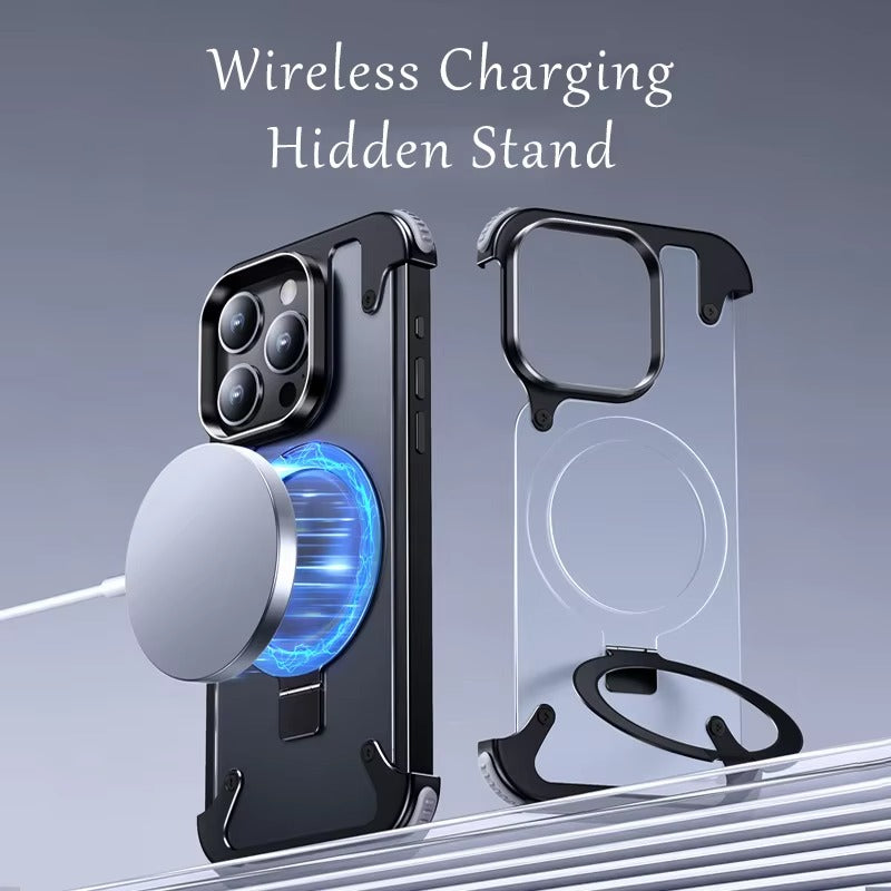 Luxury Edgeless Apple iPhone Case, MagSafe Compatible, Ultra Thin Magnetic Metal Frame and Aluminum Kickstand