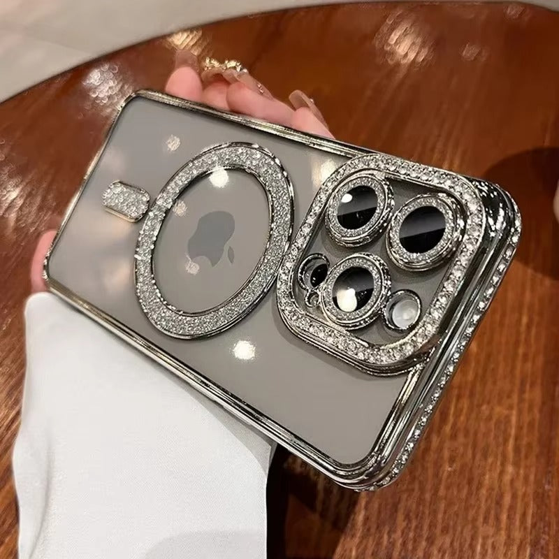 Luxury Apple iPhone Case, MagSafe Compatible, Camera Lens & Screen Protection, Ultra Thin, Shockproof, Magnetic Full All Around Cover – Glitter Diamond Transparent Case with Wireless Charging & Bumper Edge Design