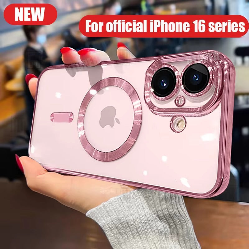 Luxury Apple iPhone Case, MagSafe Compatible, Camera Lens & Screen Protection, Ultra Thin, Shockproof, Magnetic Full All Around Cover – Plating Transparent Silicone TPU Case with Magnetic Back & Lens Film Protection