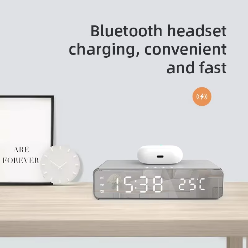 Luxury Wireless Charging Alarm Clock – LED Digital Thermometer Dock Station with Fast 5W Charger for Phones, Smartwatches, and Earbuds