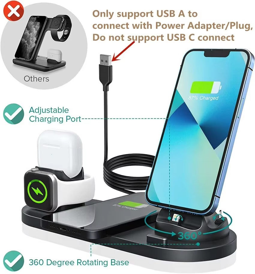 Premium 6 in 1 Wireless Charging Station – Fast Charger Dock for iPhone, Apple Watch, AirPods with Type-C, Lightning & Micro USB Ports, 15W Output