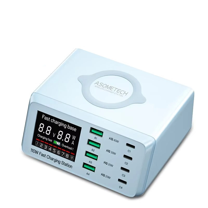 Premium 110W USB C Charging Station – Multi Port 9 in 1 Fast Charger with PD QC3.0, Wireless Charging, Digital Display for Phones, Tablets and Earbuds