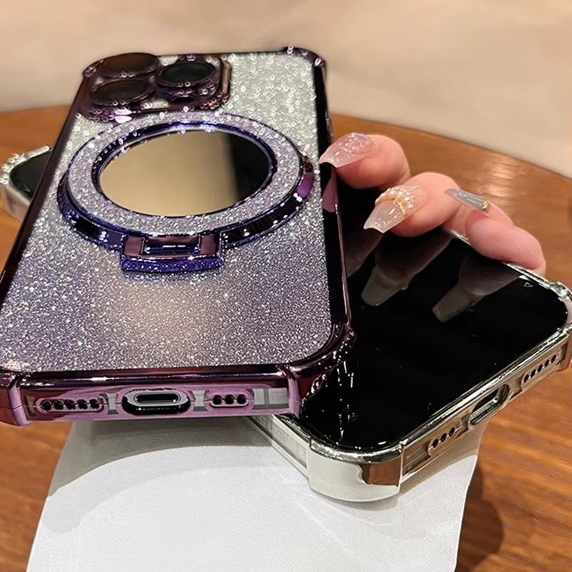 Luxury Apple iPhone Case, MagSafe Compatible, Camera Lens & Screen Protection, Ultra Thin, Shockproof, Magnetic Full All Around Cover – Sparkling Gradient Glitter Airbag Case with Mirror Back & Diamond Stand Holder