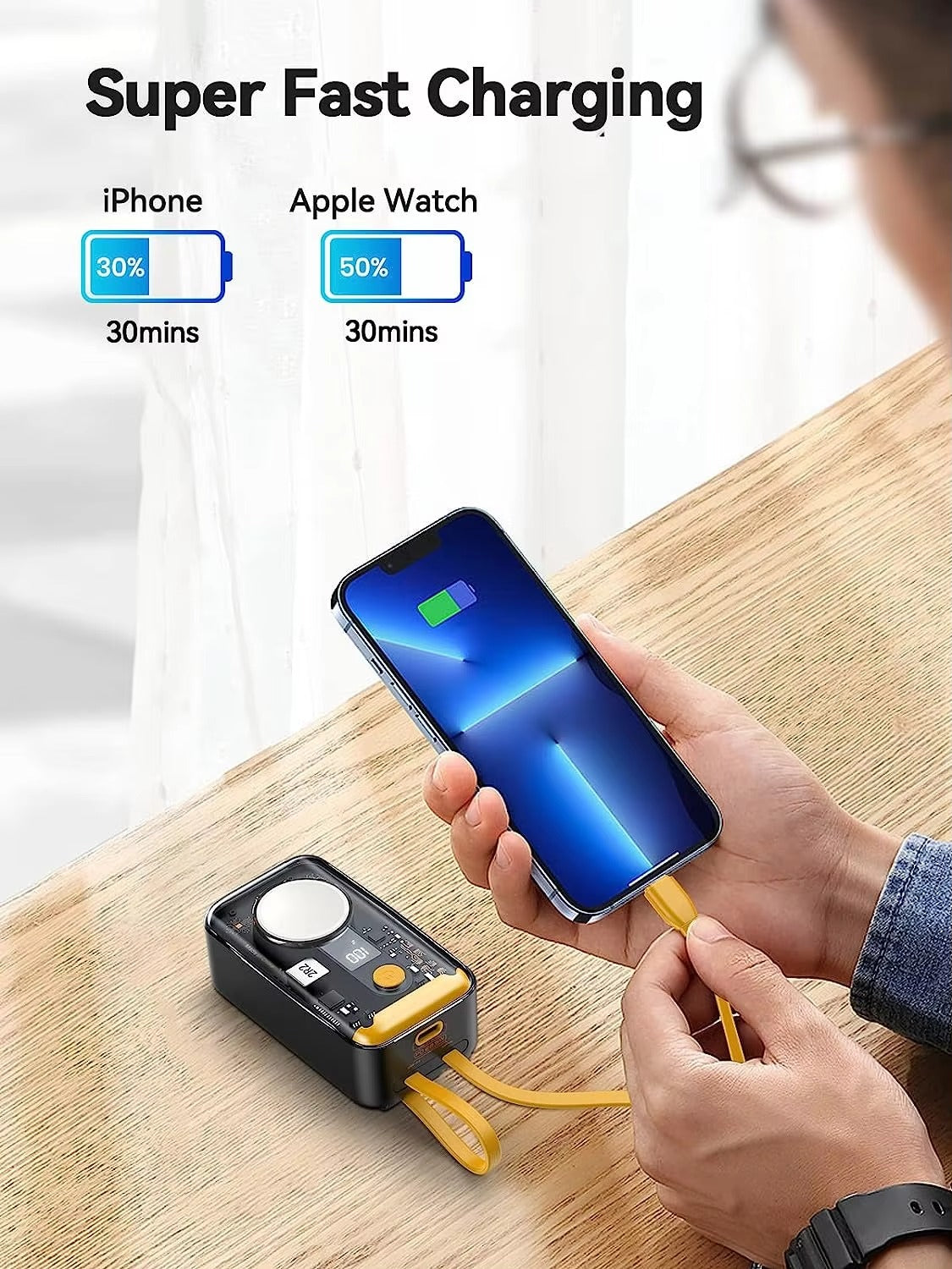 Premium, 10000mAh Wireless Power Bank with Built-in Cable – PD 20W Fast Charging Battery Source for Apple Watch S1–S9, iPad Air