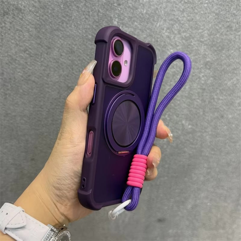 Premium Apple iPhone Case, MagSafe Compatible, Camera Lens & Screen Protection, Ultra Thin, Shockproof, Magnetic Full All Around Cover – 360° Rotating Stand Case with Airbag Corners & Wrist Strap