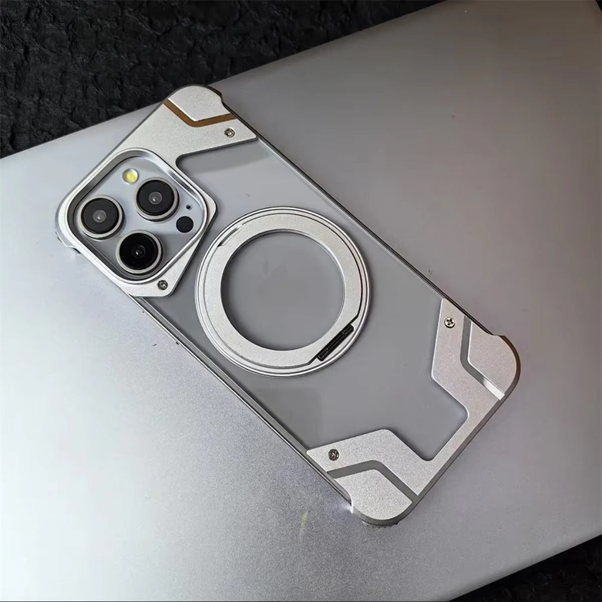 Luxury Apple iPhone Case, MagSafe Compatible, Camera Lens & Screen Protection, Ultra Thin, Shockproof, Magnetic Full All Around Cover – 360° Aluminum Alloy Rimless Case with Transparent PC & Built-In Bracket