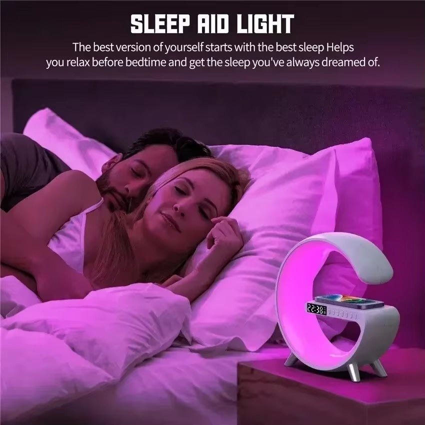 Luxury Wireless Charging Alarm Clock – Bluetooth Speaker with Sunrise Wake-Up Light, RGB Night Lamp, Sleep Aid, 5W Fast Charger for Qi-Enabled Devices