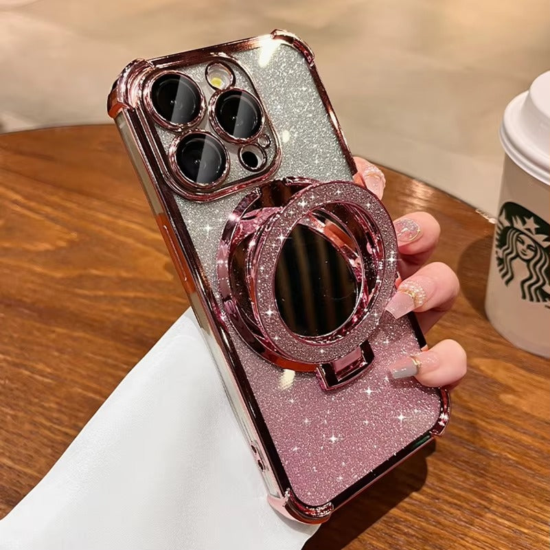 Luxury Apple iPhone Case, MagSafe Compatible, Camera Lens & Screen Protection, Ultra Thin, Shockproof, Magnetic Full All Around Cover – Sparkling Gradient Glitter Airbag Case with Mirror Back & Diamond Stand Holder