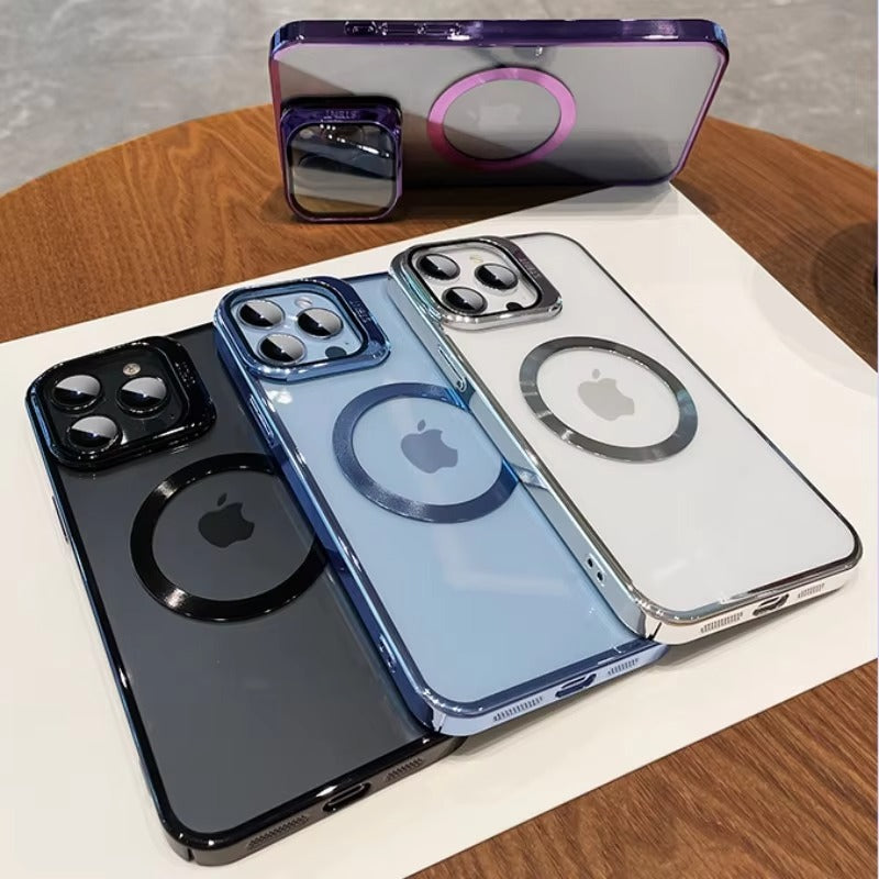 Luxury Apple iPhone Case Ultra Thin Shockproof Magnetic Full All Around Protection Cover with Transparent Plating Bracket