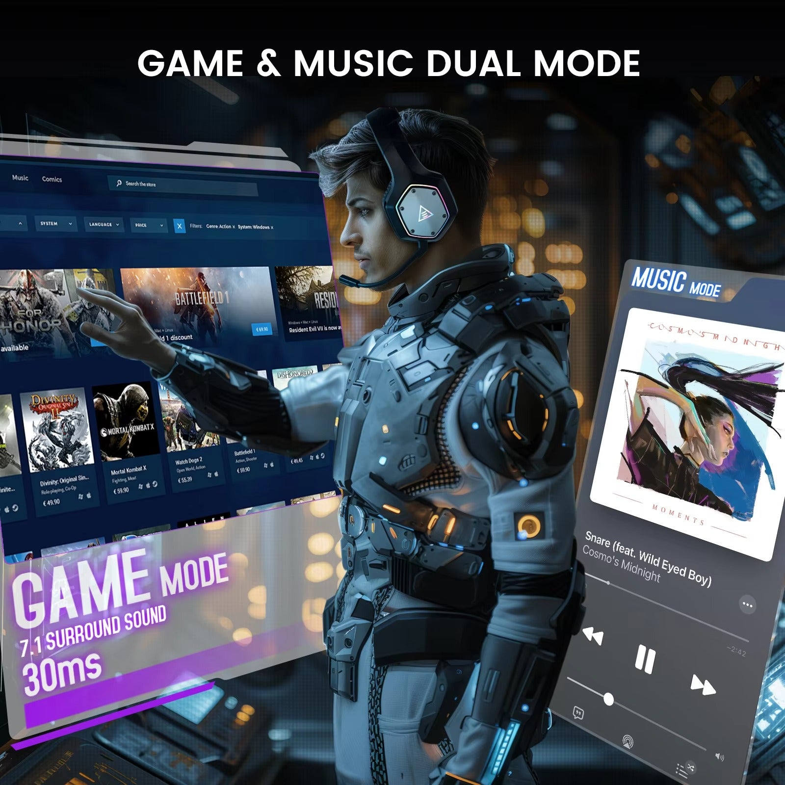 Premium 2.4GHz Wireless Gaming Headset for Mac & iPhone – Low Latency 7.1 Surround Sound Headphones with ENC Microphone