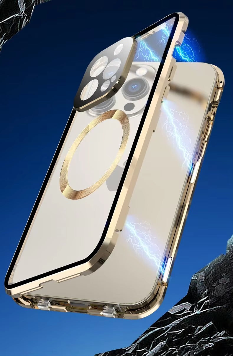 Premium Apple iPhone Case Ultra Thin Shockproof Magnetic Full All Around Protection Cover with Metal Frame Glass Design