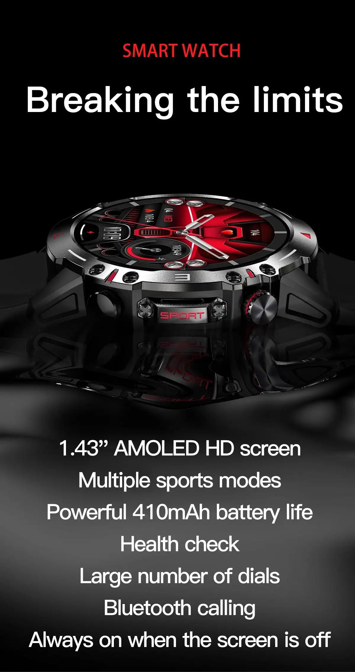 Premium Rugged AMOLED Smartwatch – 1.43" Bluetooth Calling Watch, IP68 Waterproof, Fitness Tracker, SpO2, Sleep Monitor, Voice Assistant, Long Battery Life
