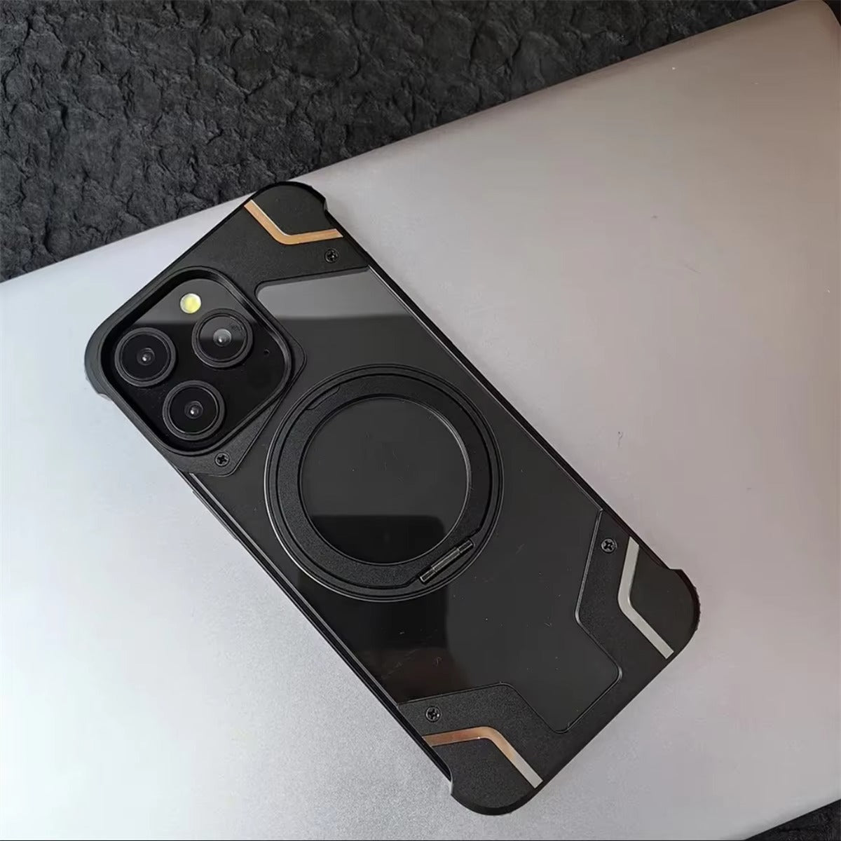 Luxury Apple iPhone Case, MagSafe Compatible, Camera Lens & Screen Protection, Ultra Thin, Shockproof, Magnetic Full All Around Cover – 360° Aluminum Alloy Rimless Case with Transparent PC & Built-In Bracket