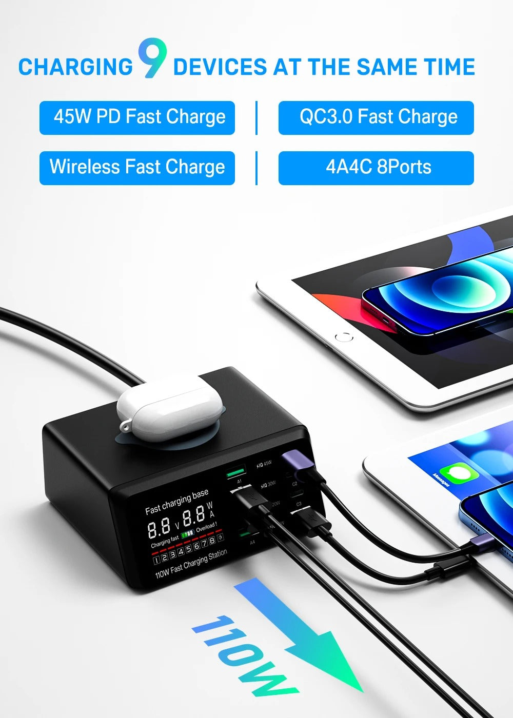 Premium 110W USB C Charging Station – Multi Port 9 in 1 Fast Charger with PD QC3.0, Wireless Charging, Digital Display for Phones, Tablets and Earbuds