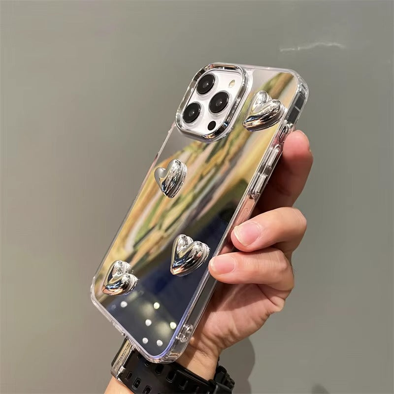 Luxury Apple iPhone Case, MagSafe Compatible, Camera Lens and Screen Protection, Ultra Thin, Shockproof, Magnetic, Full All Around Protection, Silvery Heart Mirror Cover
