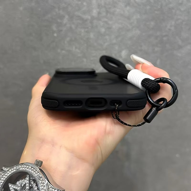 Luxury Apple iPhone Case Ultra Thin Shockproof Magnetic Full All Around Protection Cover with Matte Stand & Wrist Strap