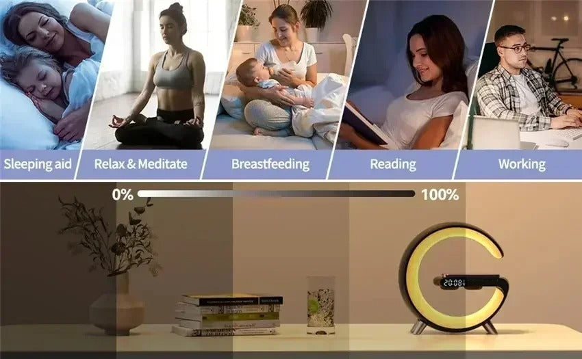 Luxury Wireless Charging Alarm Clock – Bluetooth Speaker with Sunrise Wake-Up Light, RGB Night Lamp, Sleep Aid, 5W Fast Charger for Qi-Enabled Devices