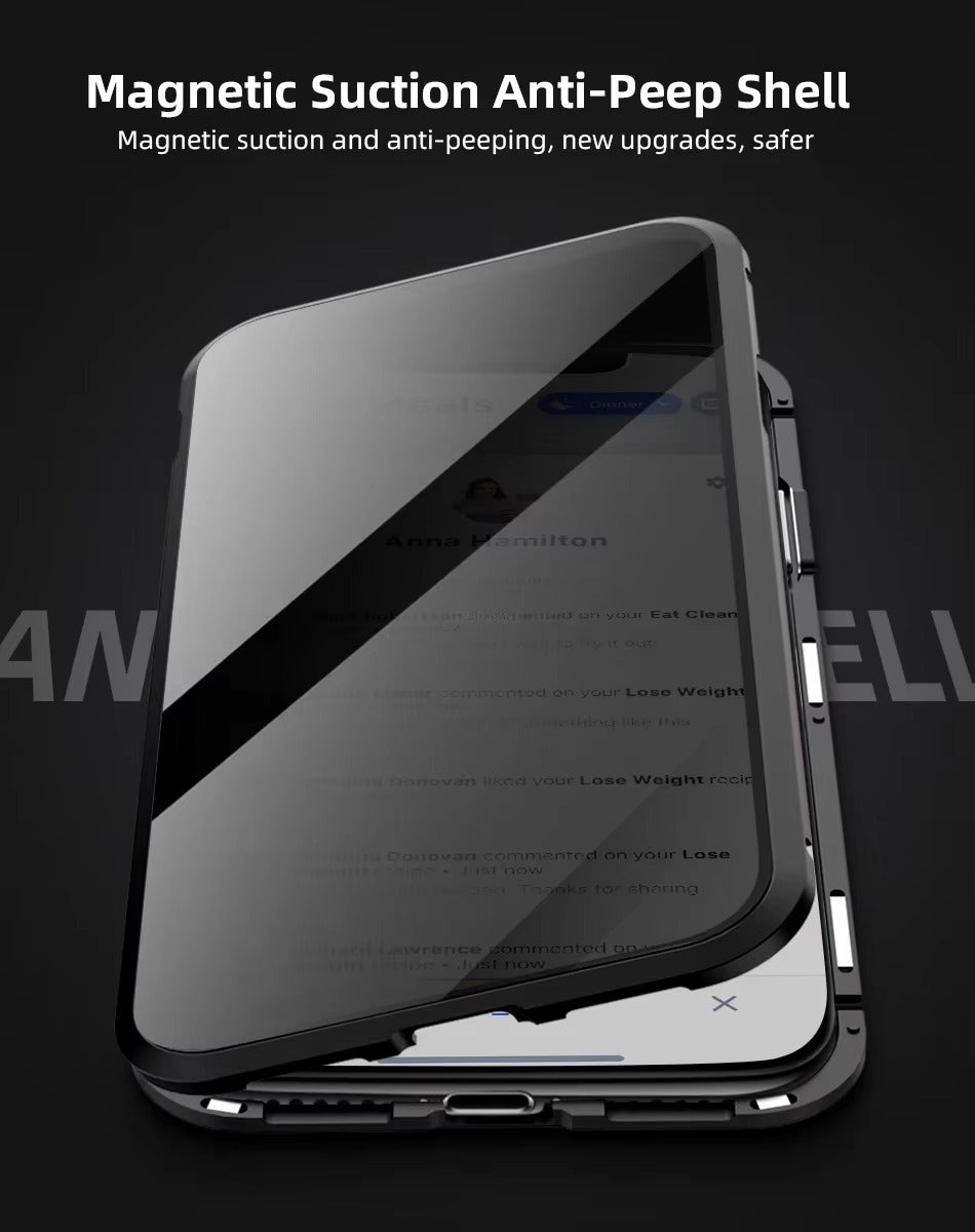 Premium Apple iPhone Case, MagSafe Compatible, Camera Lens & Screen Protection, Ultra Thin, Shockproof, Magnetic Full All Around Cover – 360° Magnetic Metal Case with Tempered Glass Privacy Screen & Anti-Spy Protection