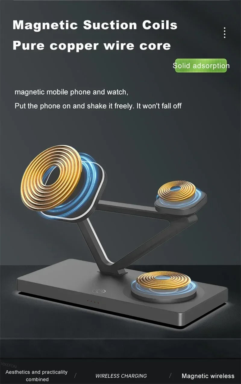 Premium 5 in 1 Magnetic Wireless Charging Station – Foldable Fast Charger Stand for Phones, Smartwatches, Earbuds with 30W Output & LED Night Light