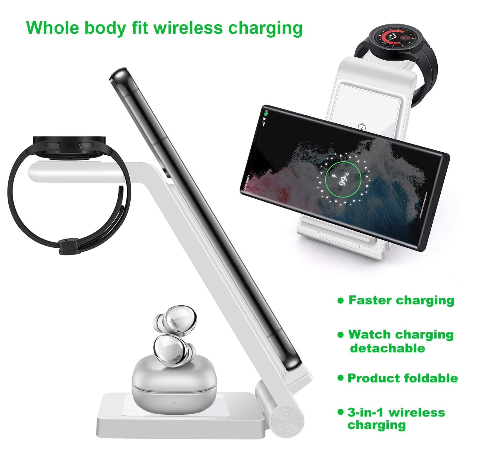 Premium 25W 3 in 1 Wireless Charging Station – Fast Charger Stand for Samsung Phones, Galaxy Watch and Buds with Detachable Holder and Type-C Cable