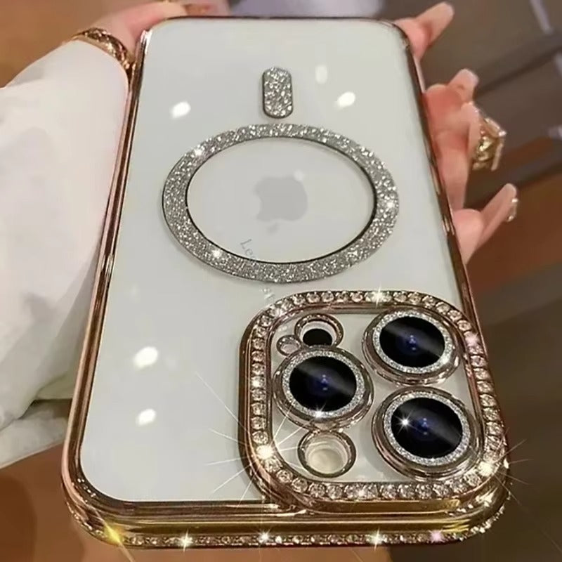 Luxury Apple iPhone Case, MagSafe Compatible, Camera Lens & Screen Protection, Ultra Thin, Shockproof, Magnetic Full All Around Cover – Glitter Diamond Transparent Case with Wireless Charging & Bumper Edge Design