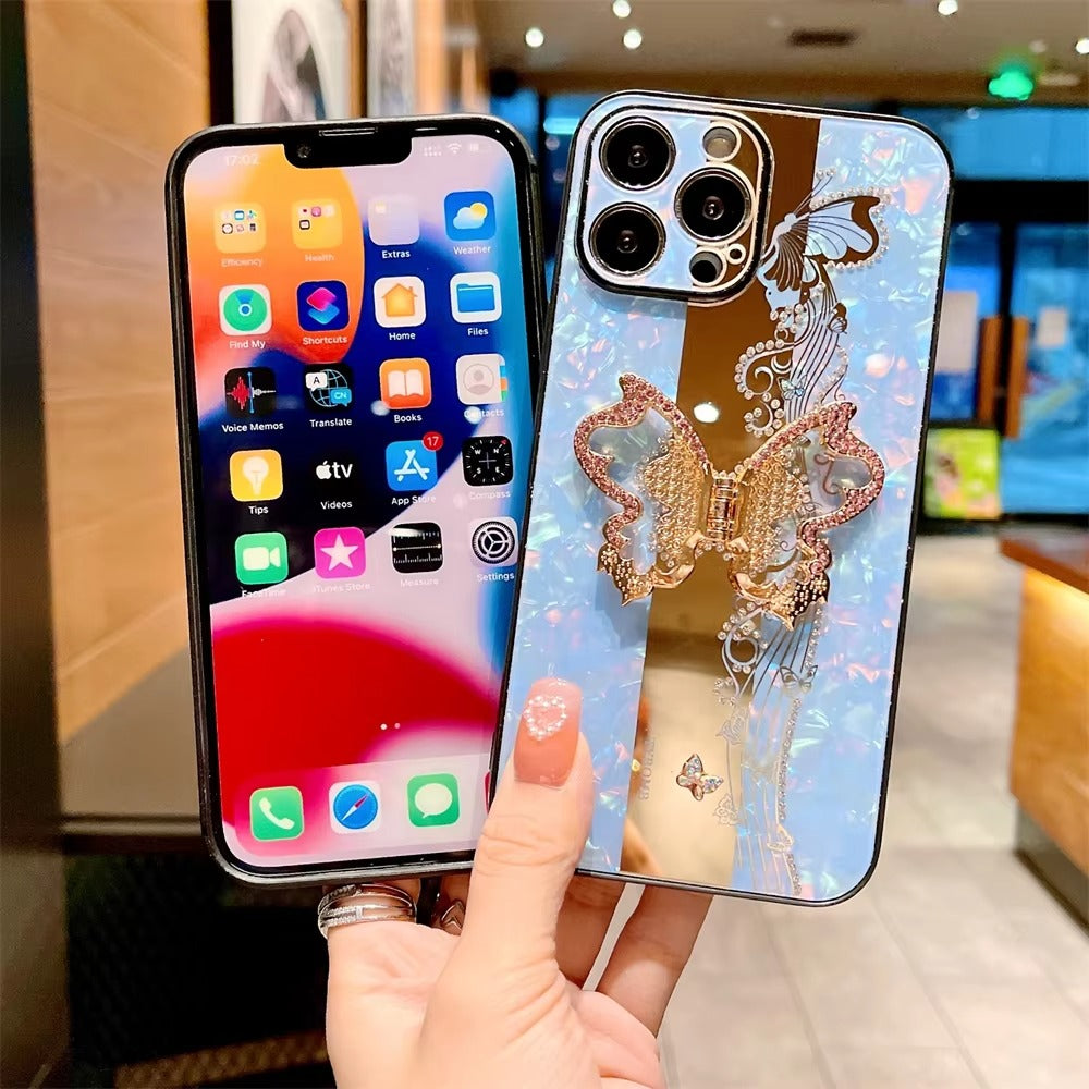 Fashion Apple iPhone Case, MagSafe Compatible, Camera Lens & Screen Protection, Ultra Thin, Shockproof, Magnetic Full All Around Cover – Butterfly Ring Holder Case with Full Shockproof Armor Back for Girls