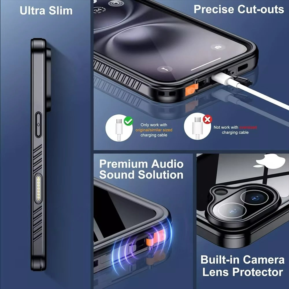 Luxury Apple iPhone Case MagSafe Compatible, Camera Lens & Screen Protection, Ultra Thin Shockproof Magnetic Full All Around Protection Cover with IP68 Metal Underwater Design