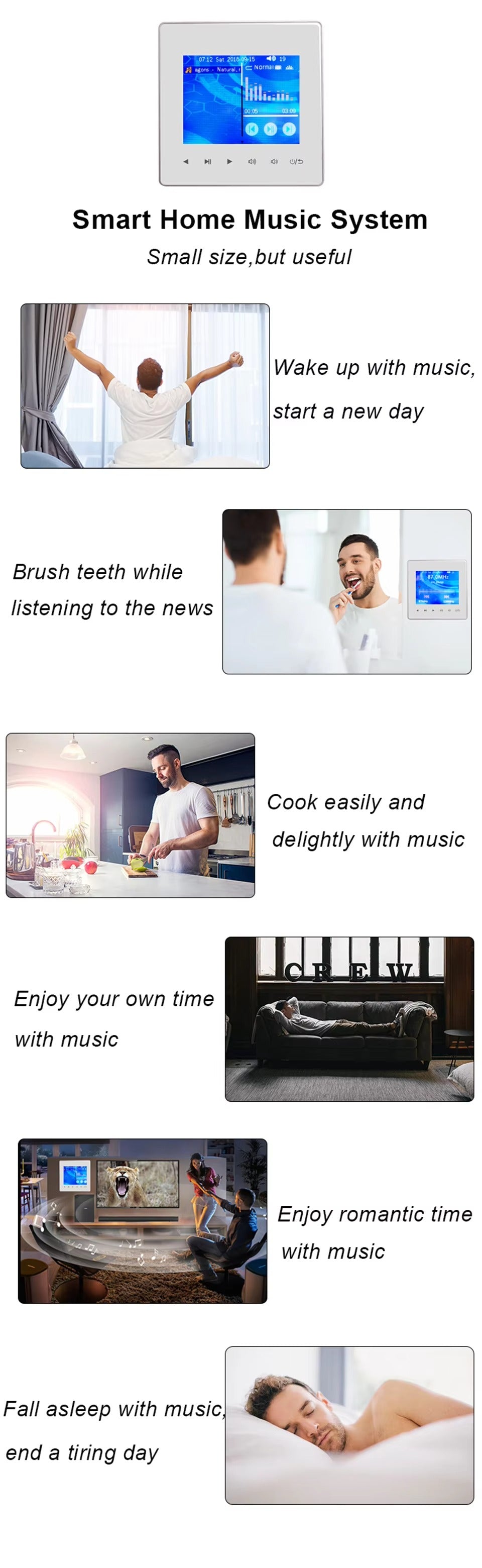 Premium Bluetooth Wall Amplifier for iPhone, 2.8" HD Touchscreen Music Control Panel, Smart Home Stereo System with FM, AUX,