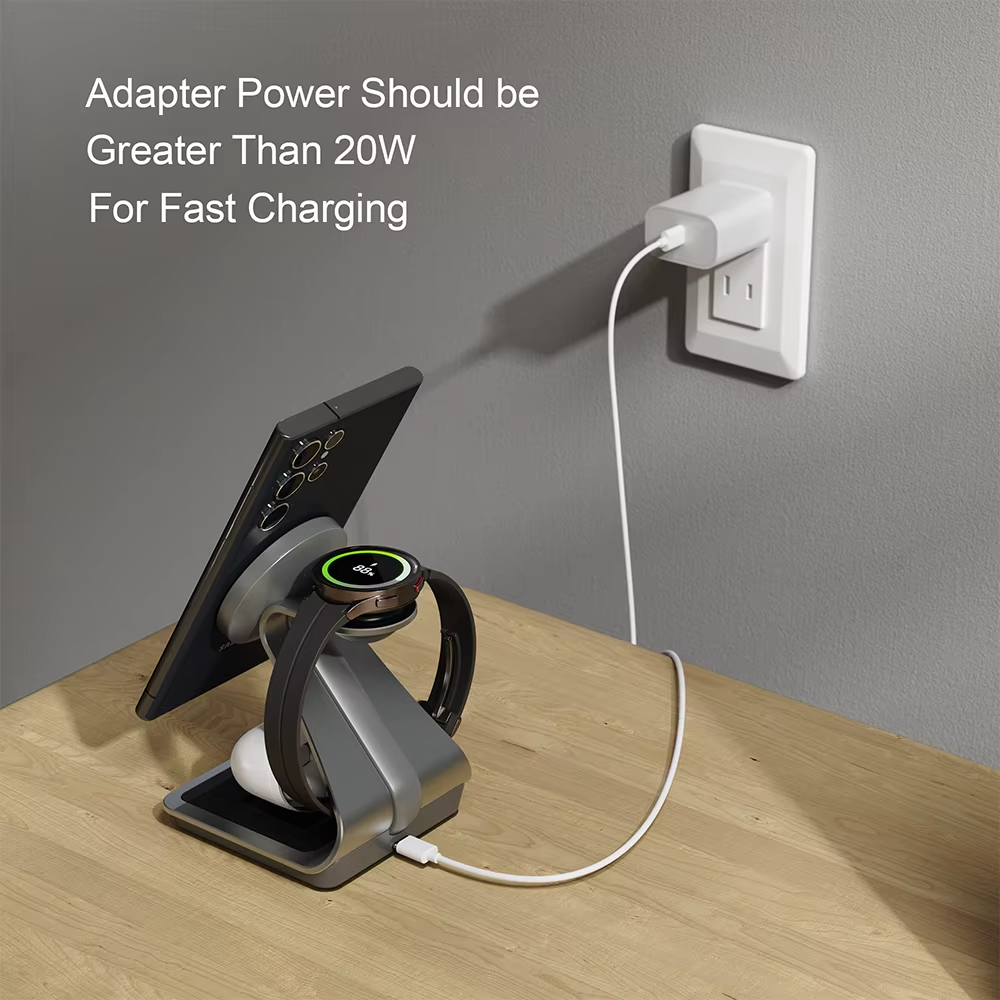 Premium 3 in 1 Magnetic Wireless Charging Stand – 15W Fast Charger Dock with Aluminum Alloy Metal Design for iPhone, Apple Watch and AirPods