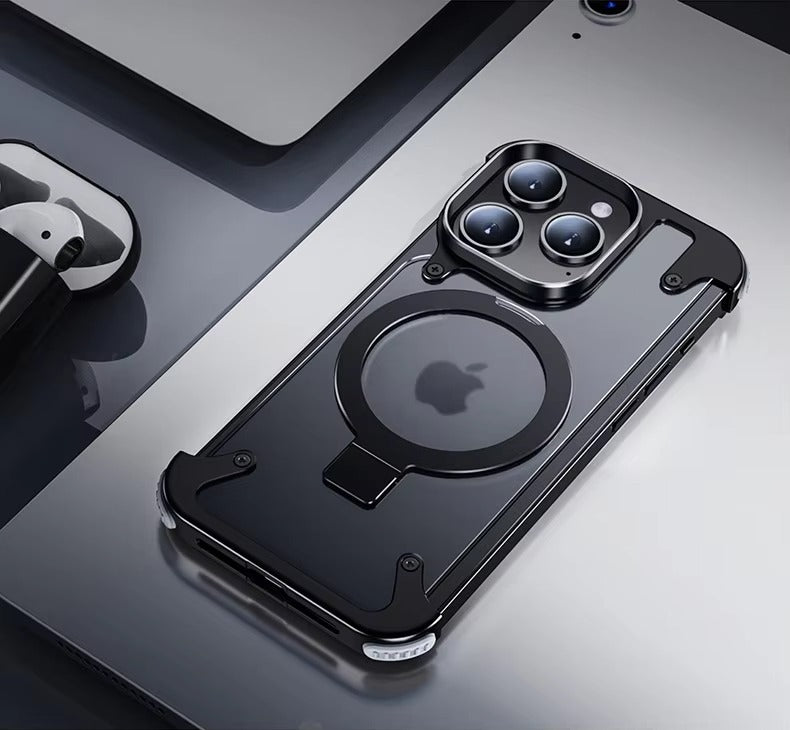 Luxury Edgeless Apple iPhone Case, MagSafe Compatible, Ultra Thin Magnetic Metal Frame and Aluminum Kickstand