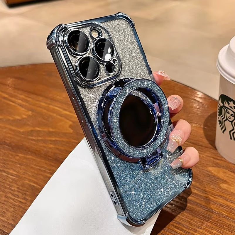 Luxury Apple iPhone Case, MagSafe Compatible, Camera Lens & Screen Protection, Ultra Thin, Shockproof, Magnetic Full All Around Cover – Sparkling Gradient Glitter Airbag Case with Mirror Back & Diamond Stand Holder