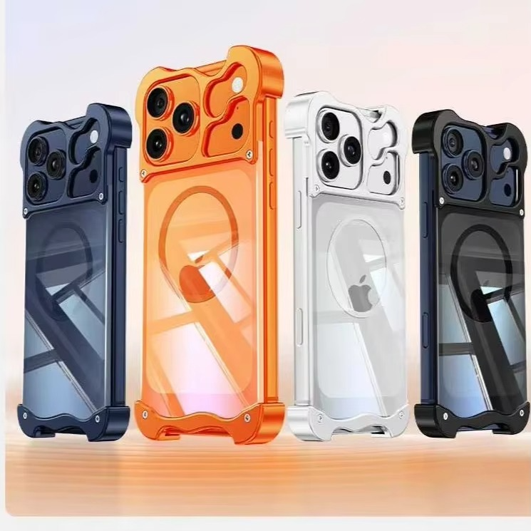 Premium Aluminum Corner Bumper iPhone Case – MagSafe Compatible Magnetic Cover with Transparent Back, Shockproof Metal Pads and Camera Protection