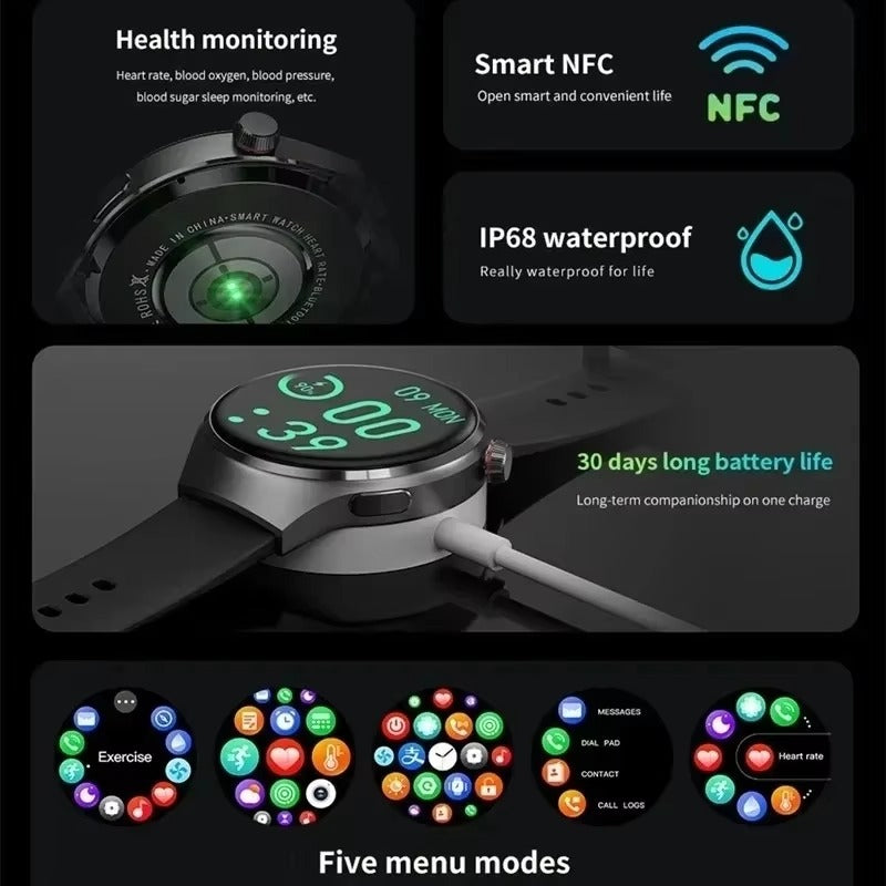 Premium AMOLED GPS Smart Watch – 1.46" HD Display, Bluetooth Calling, Fitness Tracker, IP68 Waterproof, Heart Rate & Sleep Monitor, NFC, Wireless Charging