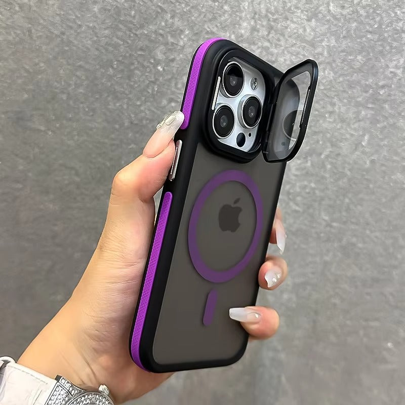 Luxury Apple iPhone Case Ultra Thin Shockproof Magnetic Full All Around Protection Cover with Matte Stand & Wrist Strap