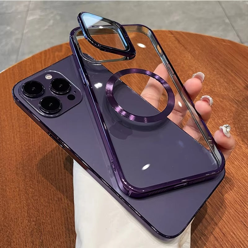 Luxury Apple iPhone Case Ultra Thin Shockproof Magnetic Full All Around Protection Cover with Transparent Plating Bracket