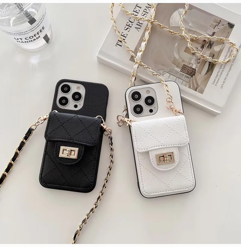 Luxury Apple iPhone Case, MagSafe Compatible, Camera Lens & Screen Protection, Ultra Thin, Shockproof, Magnetic Full All Around Cover – Lingge Envelope Crossbody Card Bag with Long Necklace Strap