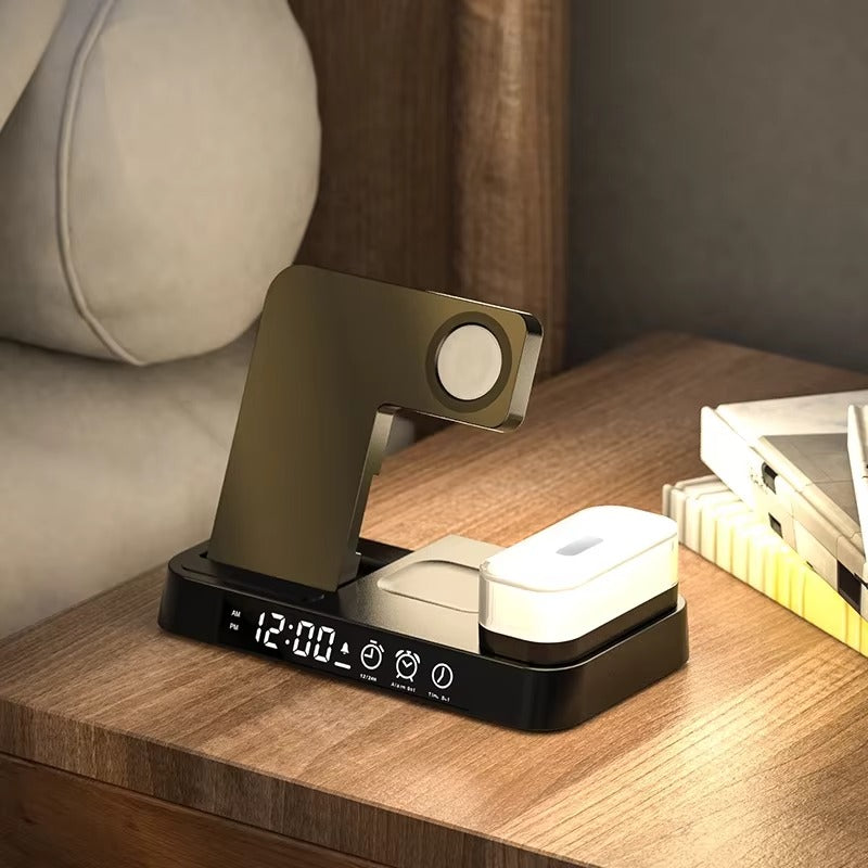 Premium 3 in 1 Wireless Charging Station – 30W Fast Charger Stand with Alarm Clock, Removable RGB Night Light for Phones, Apple Watch, Samsung Watch & AirPods